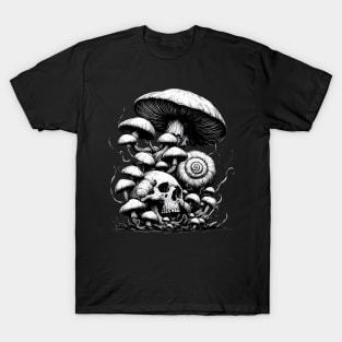 Monochromatic Skull Snail Shell Overgrown Mushrooms T-Shirt